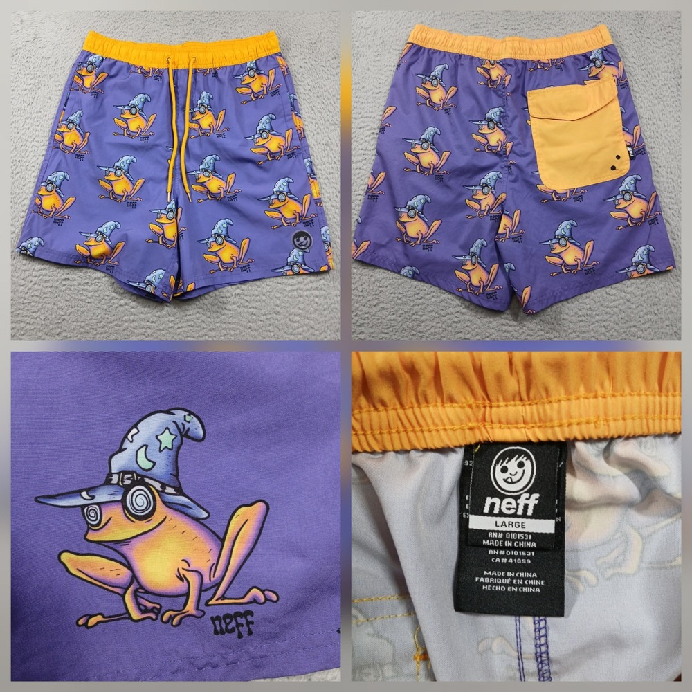 Neff Swim Trunks Mens Large Purple Frog Wizard‎ Graphic Board Shorts